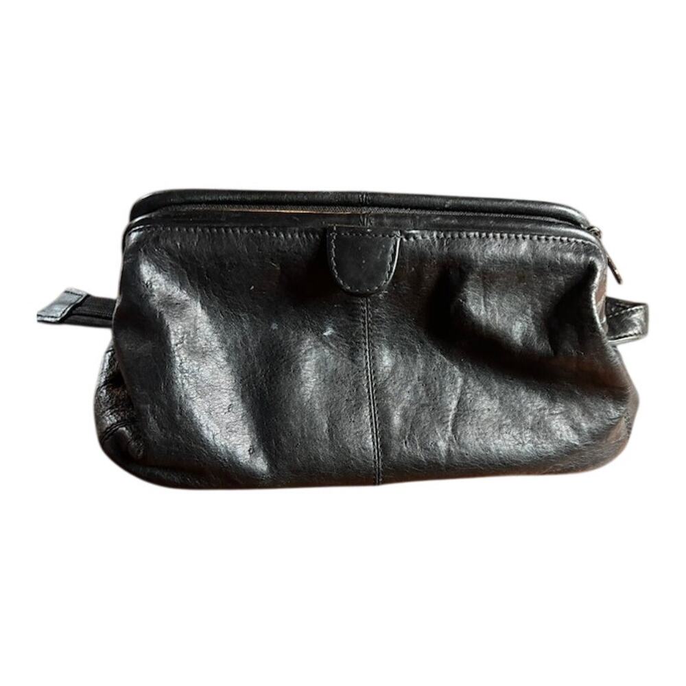Vintage Black Leather Dopp Kit Travel Toiletry Bag Shaving Case Unbranded